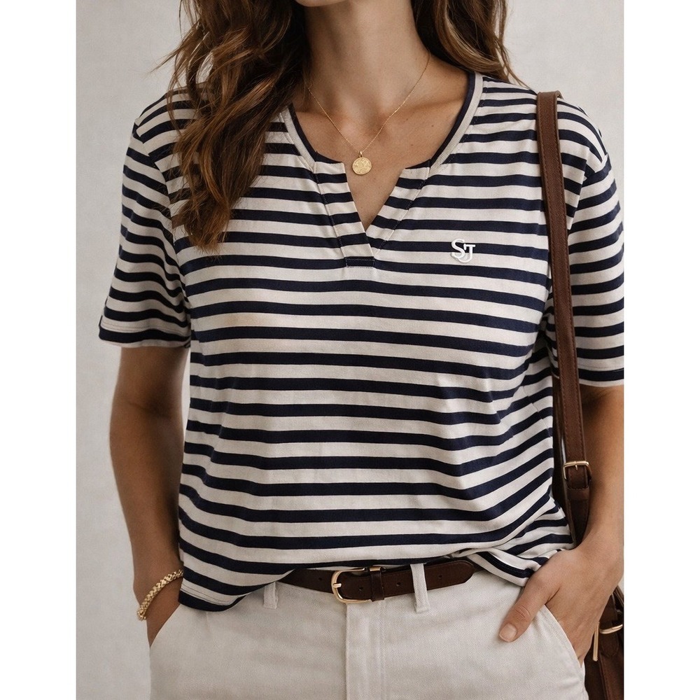St John Sport Striped Top L‎ Navy Tan Cotton Short Sleeve Breton Shirt